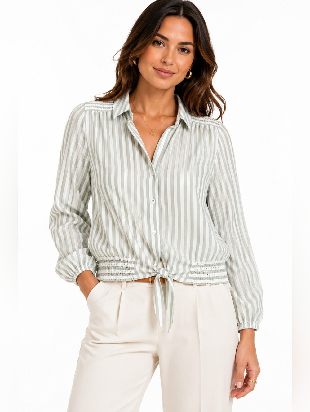 BeachLunchLounge Sage Stripe Smocked details Tie Front top Size Small coastal